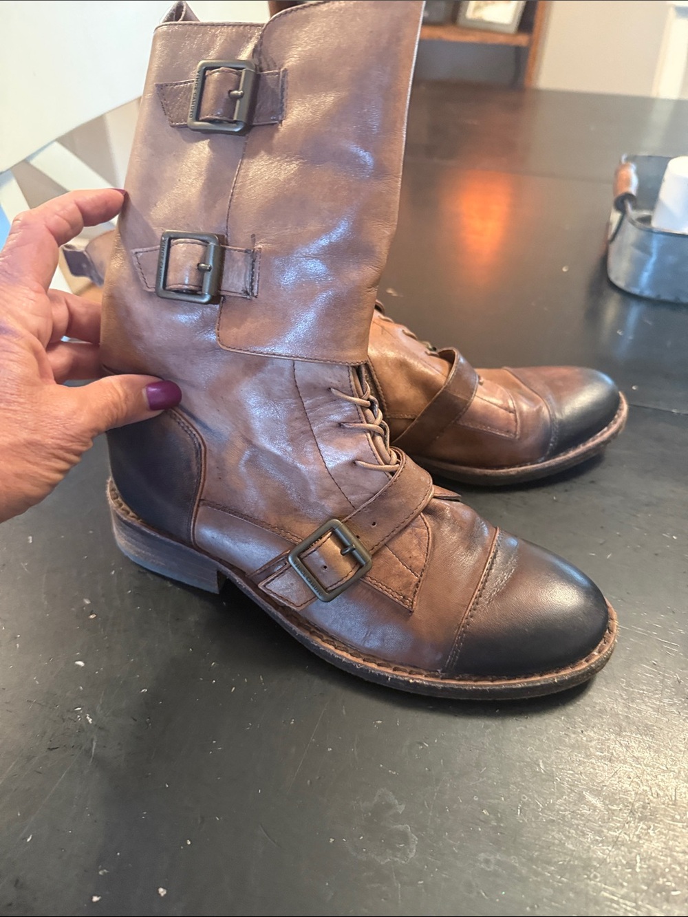 Vince Camuto Fergus Mid Calf Buckle Boots Womens Size 6 Brown Leather Moto